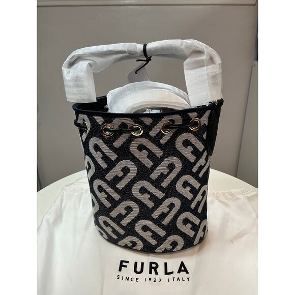 Furla Clio Mini Monogram Denim Drawcord Bucket Bag Navy NWT w/ Dustbag MSRP $750 - Picture 7 of 14
